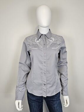 Roper Light Grey Embroidered Rodeo Button Up Collared Shirt Sz S